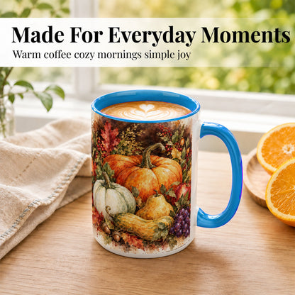 #pl[15oz|Blue] Watercolor Pumpkin Coffee Mug, Autumn Harvest Mug, Ceramic Cup