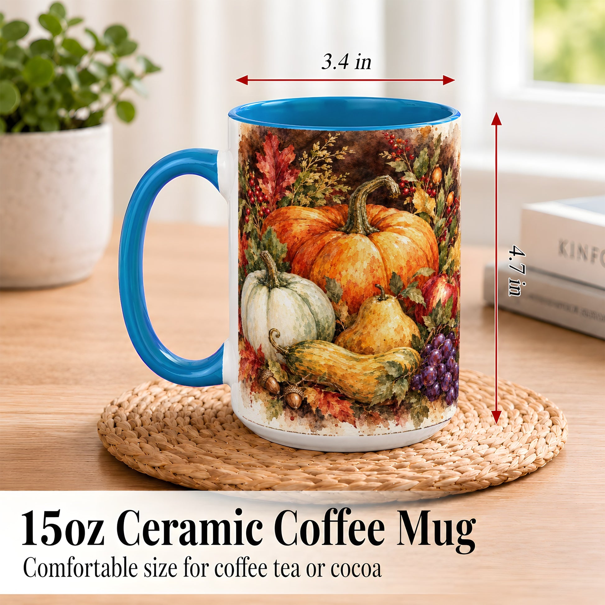 #pl[15oz|Blue] Watercolor Pumpkin Coffee Mug, Autumn Harvest Mug, Ceramic Cup