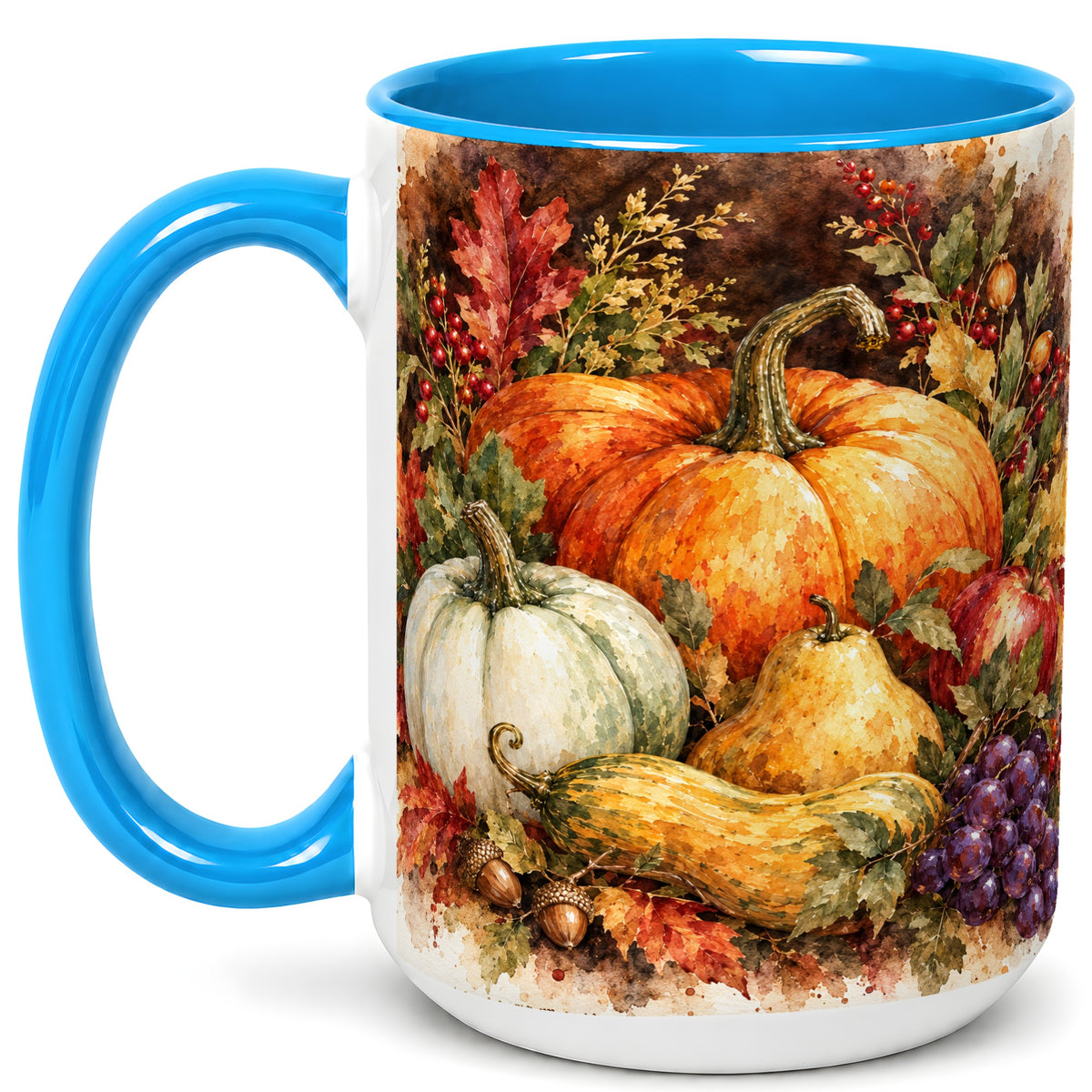 #pl[15oz|Blue] Watercolor Pumpkin Coffee Mug, Autumn Harvest Mug, Ceramic Cup