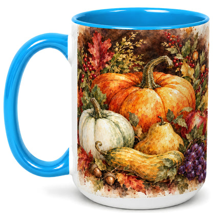 #pl[15oz|Blue] Watercolor Pumpkin Coffee Mug, Autumn Harvest Mug, Ceramic Cup