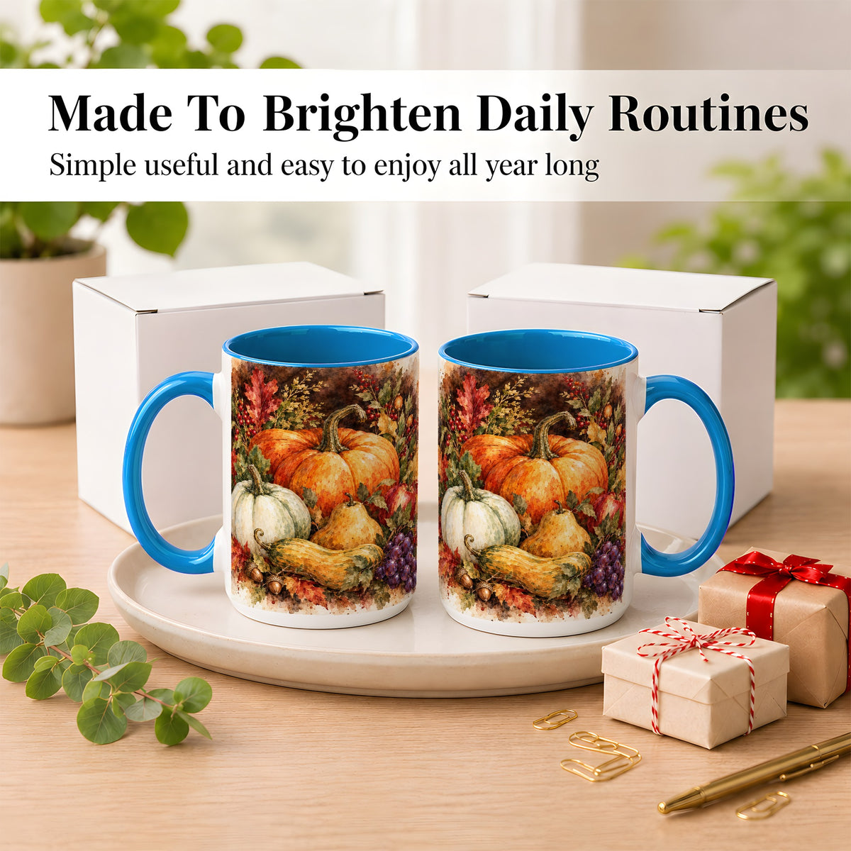 #pl[15oz|Blue] Watercolor Pumpkin Coffee Mug, Autumn Harvest Mug, Ceramic Cup