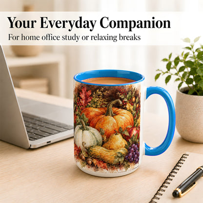 #pl[15oz|Blue] Watercolor Pumpkin Coffee Mug, Autumn Harvest Mug, Ceramic Cup
