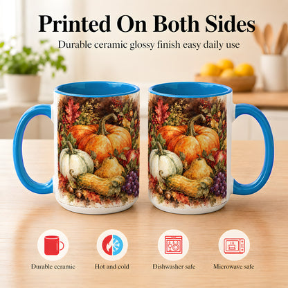 #pl[15oz|Blue] Watercolor Pumpkin Coffee Mug, Autumn Harvest Mug, Ceramic Cup
