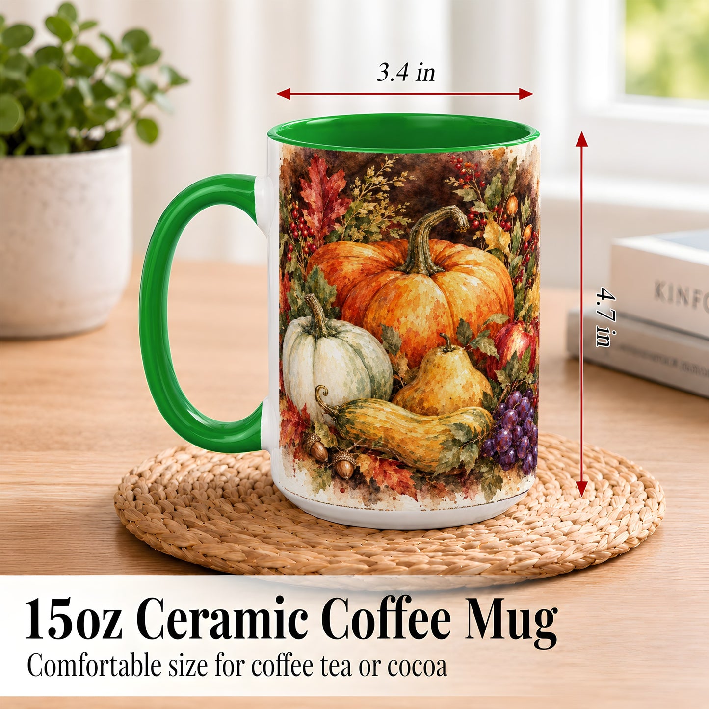 #pl[15oz|Green] Watercolor Pumpkin Coffee Mug, Autumn Harvest Mug, Ceramic Cup