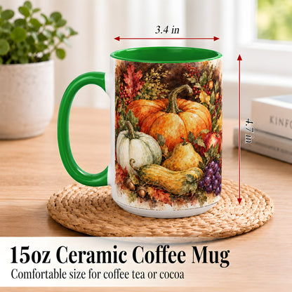 #pl[15oz|Green] Watercolor Pumpkin Coffee Mug, Autumn Harvest Mug, Ceramic Cup