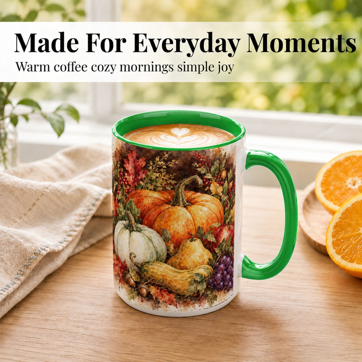 #pl[15oz|Green] Watercolor Pumpkin Coffee Mug, Autumn Harvest Mug, Ceramic Cup