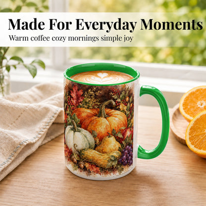 #pl[15oz|Green] Watercolor Pumpkin Coffee Mug, Autumn Harvest Mug, Ceramic Cup