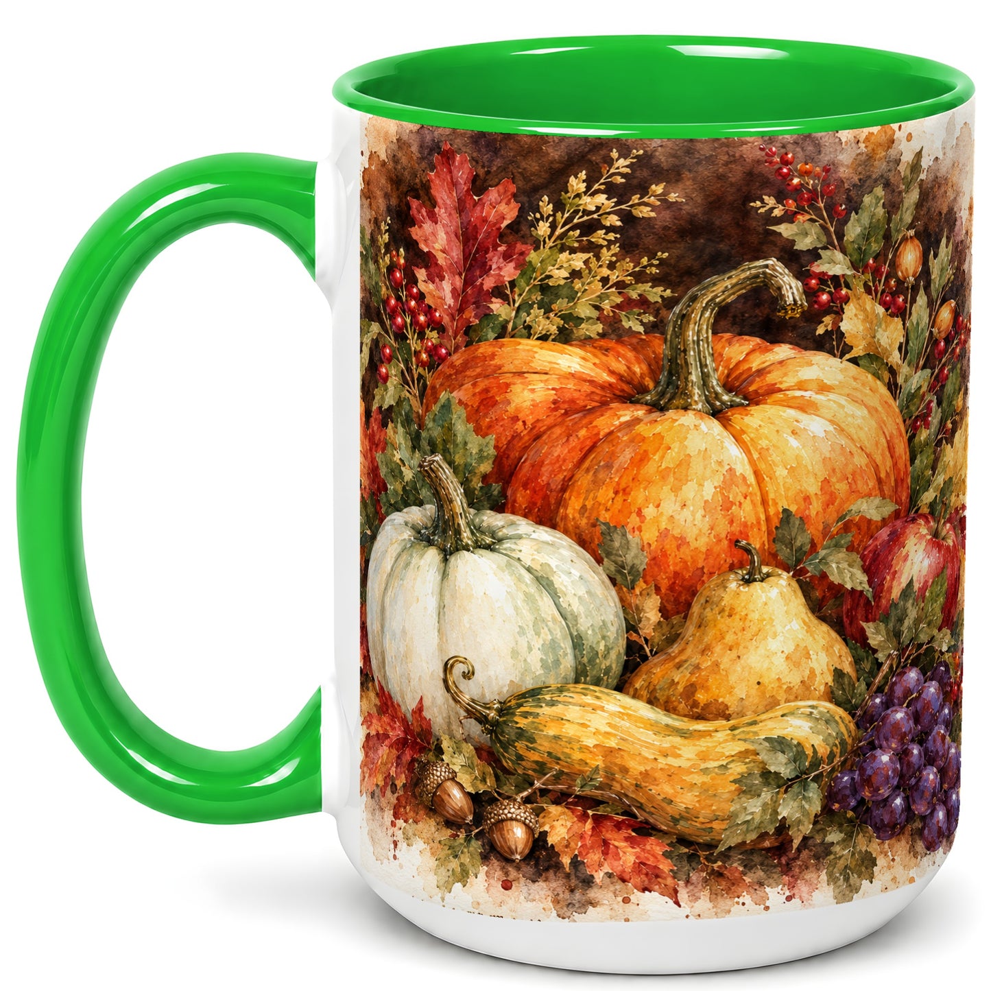#pl[15oz|Green] Watercolor Pumpkin Coffee Mug, Autumn Harvest Mug, Ceramic Cup