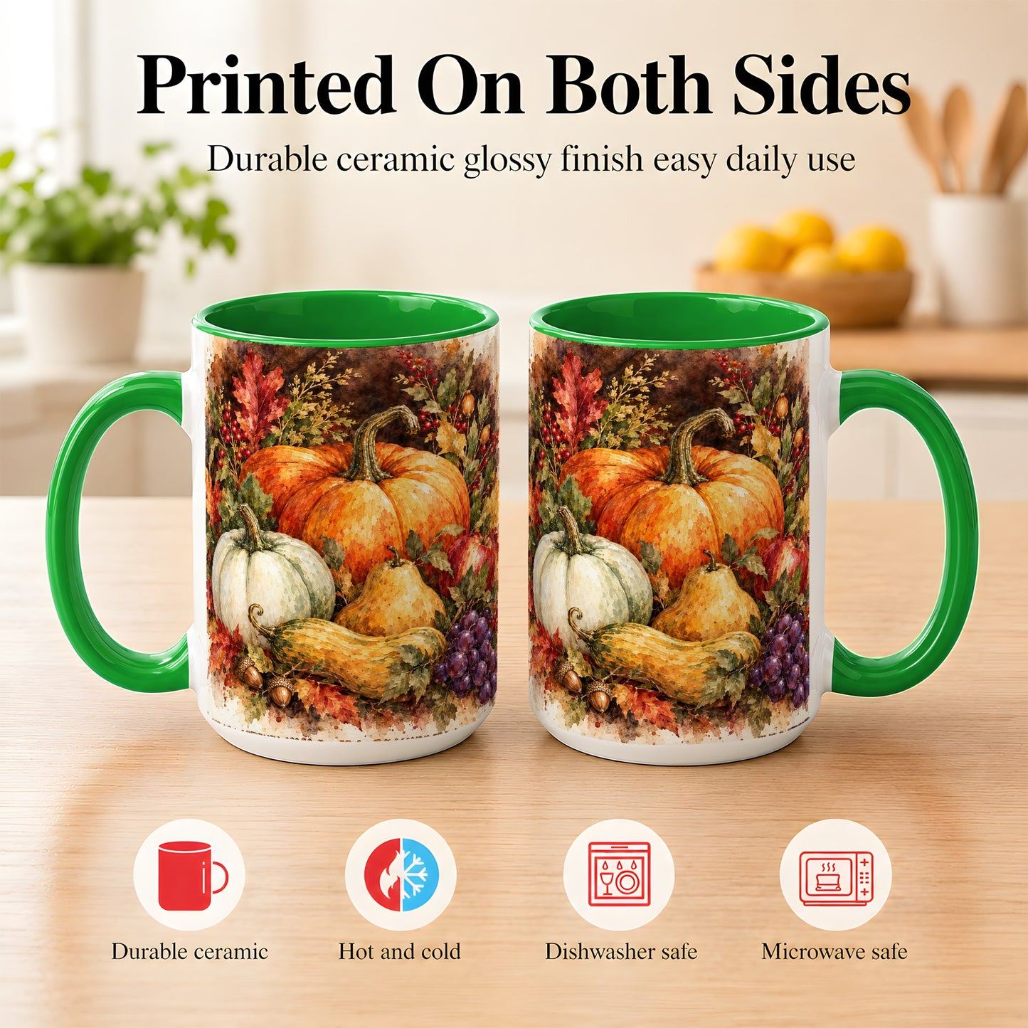 #pl[15oz|Green] Watercolor Pumpkin Coffee Mug, Autumn Harvest Mug, Ceramic Cup