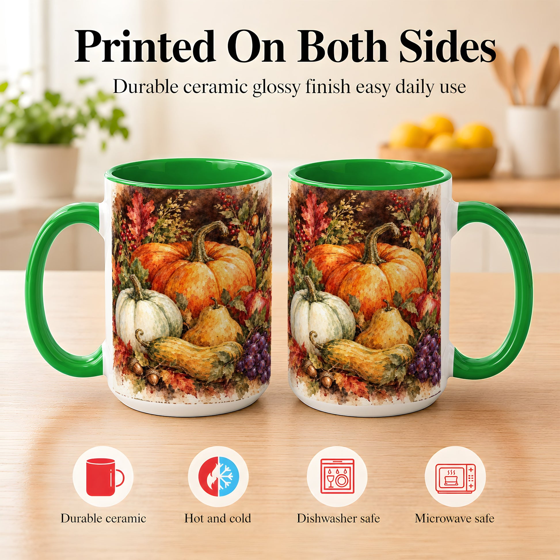 #pl[15oz|Green] Watercolor Pumpkin Coffee Mug, Autumn Harvest Mug, Ceramic Cup