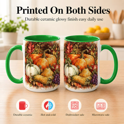 #pl[15oz|Green] Watercolor Pumpkin Coffee Mug, Autumn Harvest Mug, Ceramic Cup
