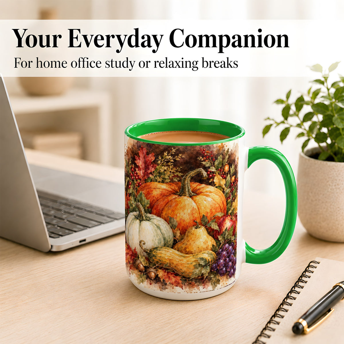 #pl[15oz|Green] Watercolor Pumpkin Coffee Mug, Autumn Harvest Mug, Ceramic Cup
