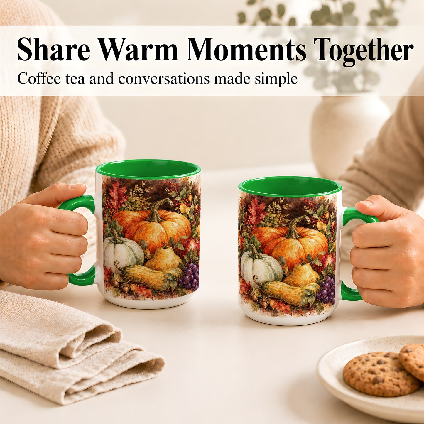 #pl[15oz|Green] Watercolor Pumpkin Coffee Mug, Autumn Harvest Mug, Ceramic Cup