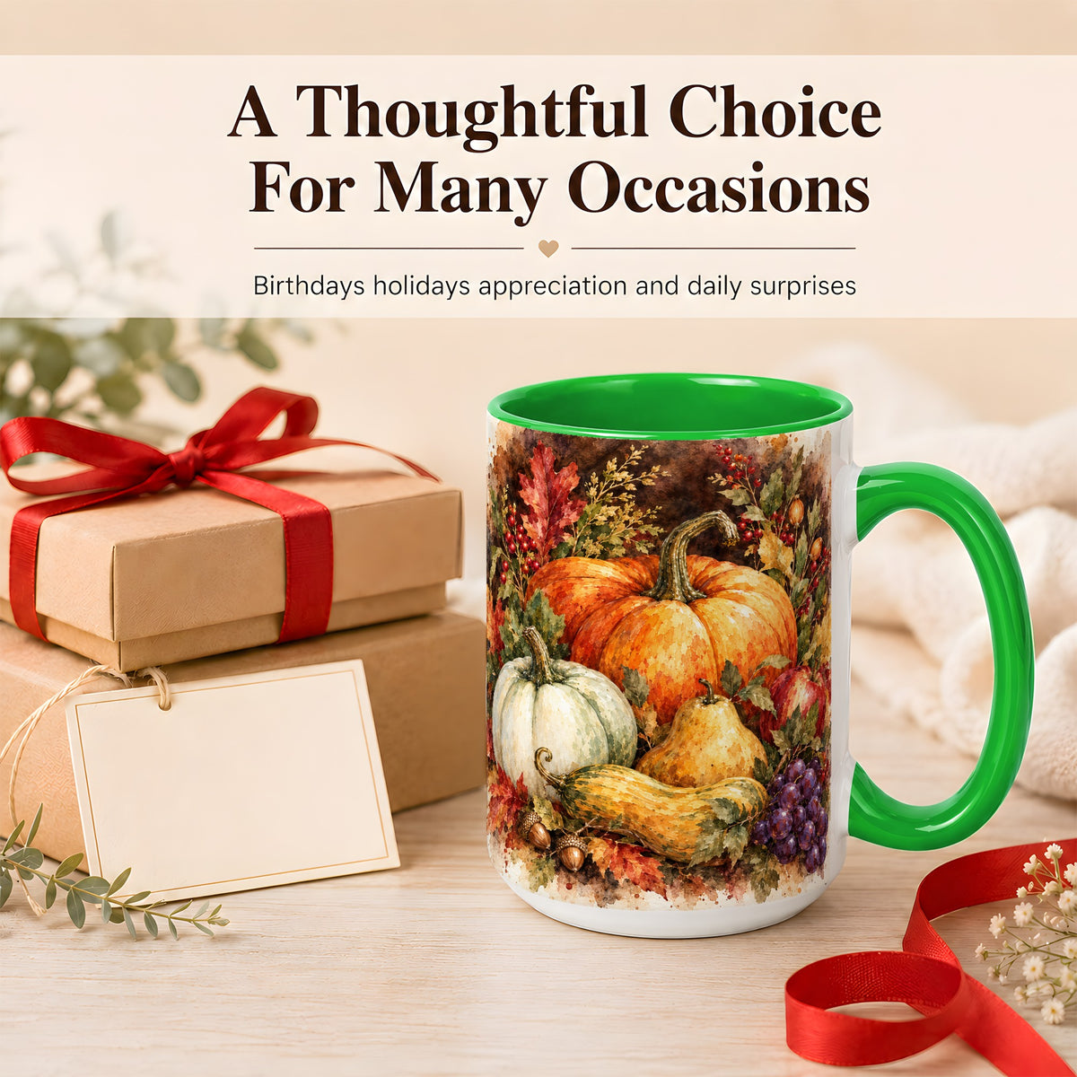 #pl[15oz|Green] Watercolor Pumpkin Coffee Mug, Autumn Harvest Mug, Ceramic Cup