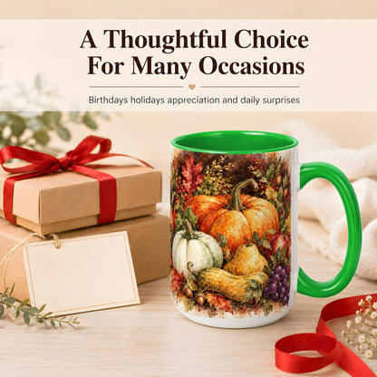 #pl[15oz|Green] Watercolor Pumpkin Coffee Mug, Autumn Harvest Mug, Ceramic Cup