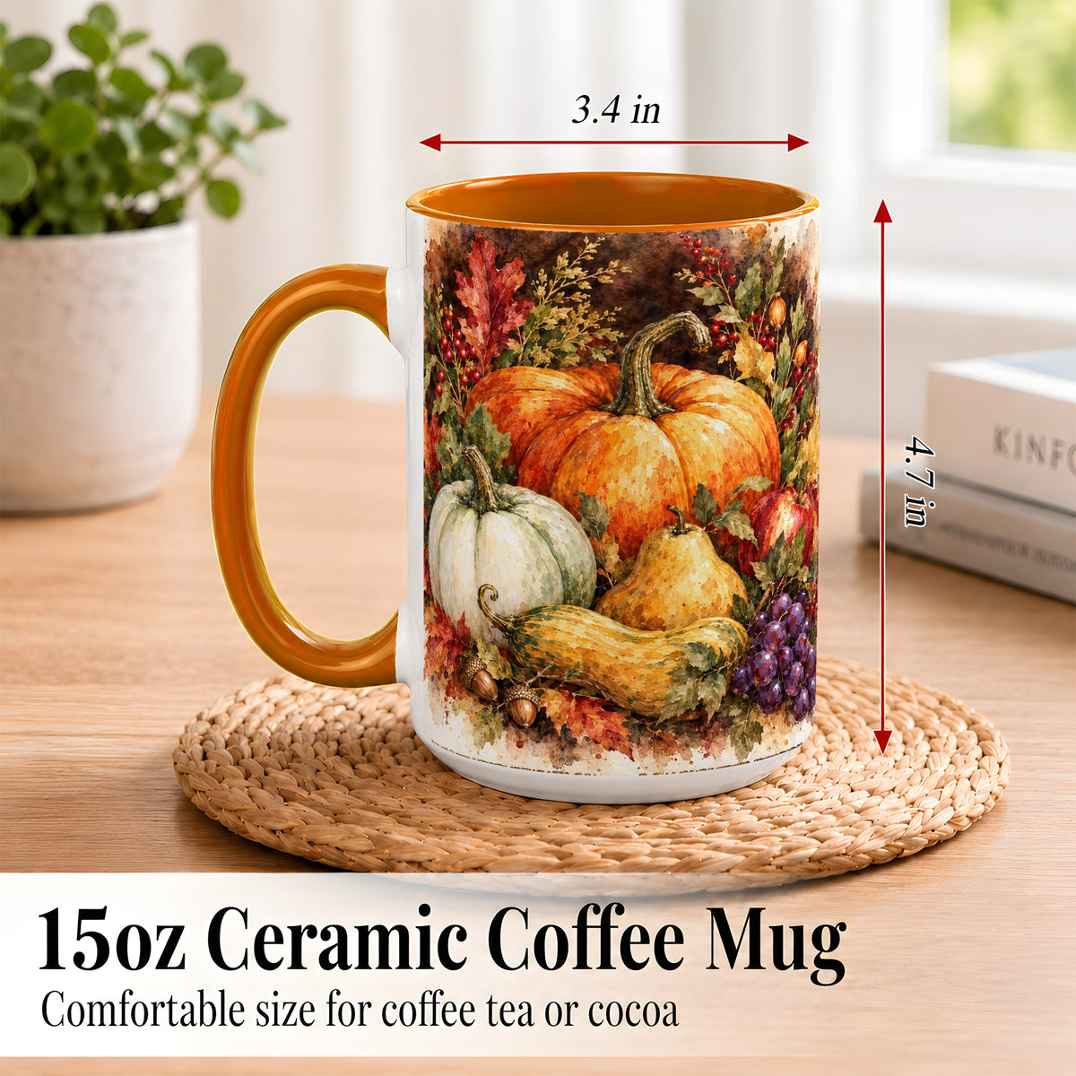 #pl[15oz|Orange] Watercolor Pumpkin Coffee Mug, Autumn Harvest Mug, Ceramic Cup