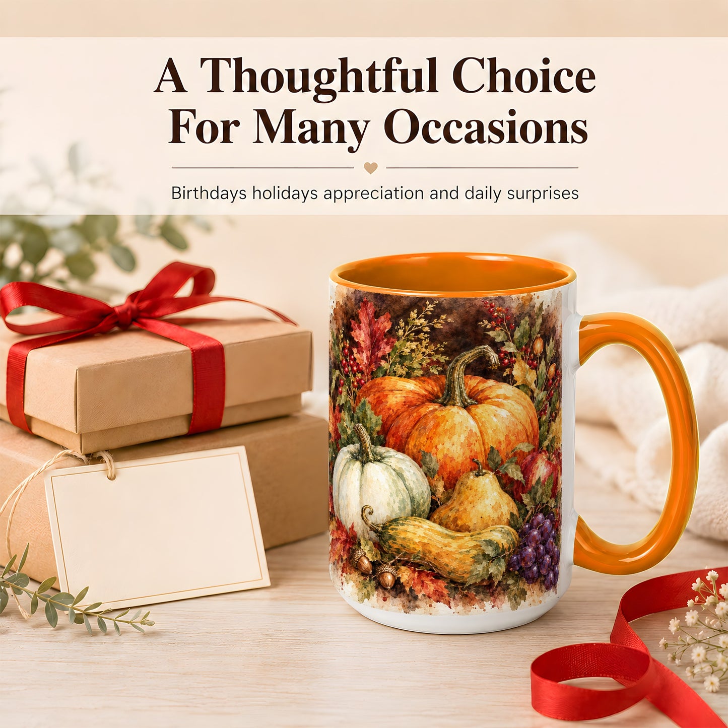 #pl[15oz|Orange] Watercolor Pumpkin Coffee Mug, Autumn Harvest Mug, Ceramic Cup