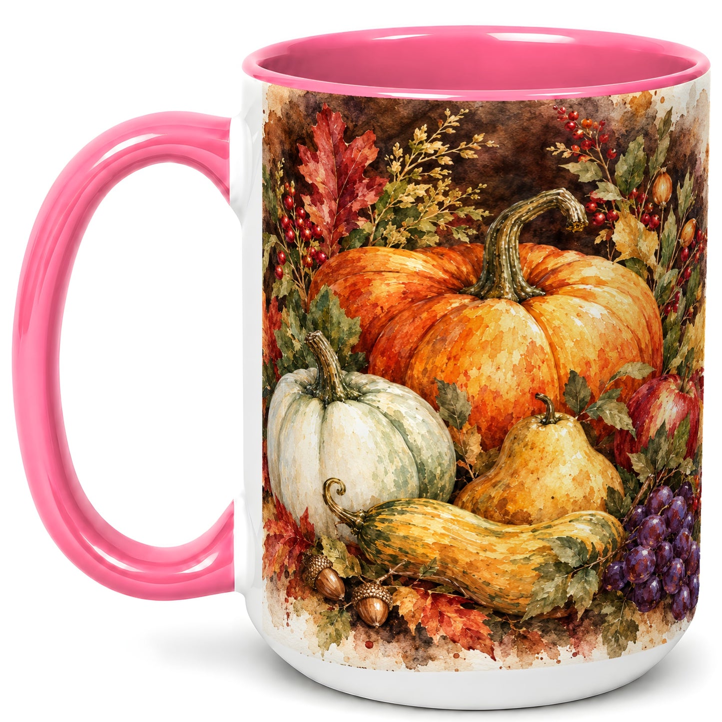 #pl[15oz|Pink] Watercolor Pumpkin Coffee Mug, Autumn Harvest Mug, Ceramic Cup