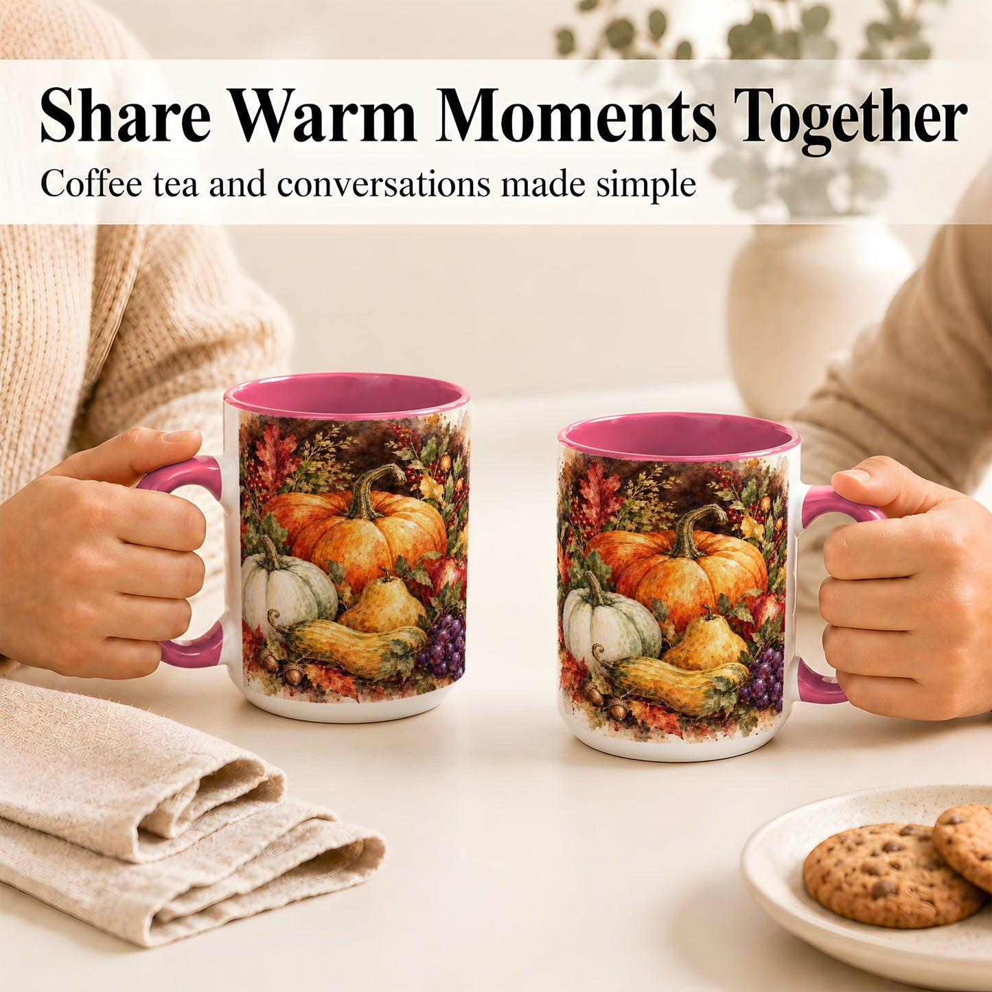 #pl[15oz|Pink] Watercolor Pumpkin Coffee Mug, Autumn Harvest Mug, Ceramic Cup