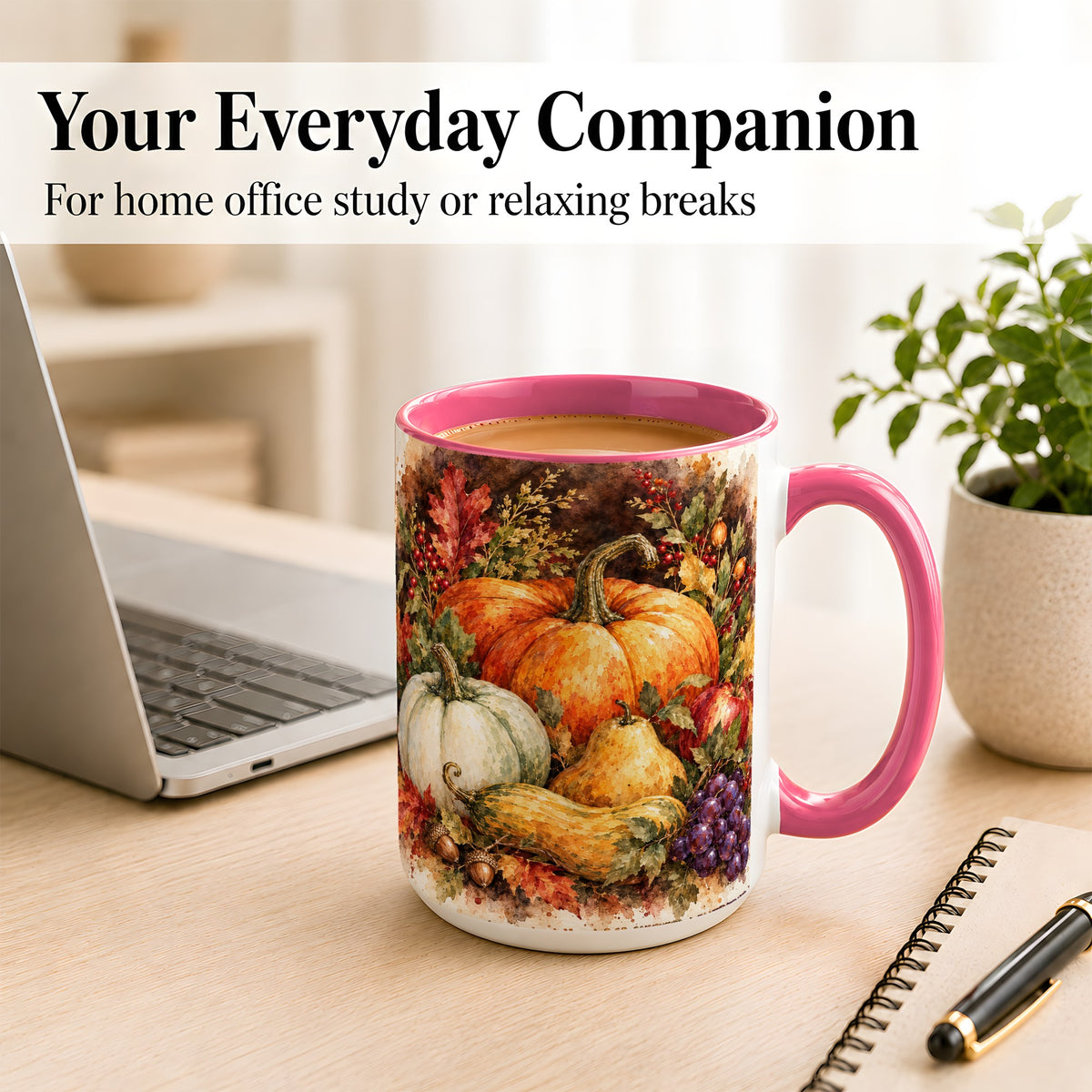 #pl[15oz|Pink] Watercolor Pumpkin Coffee Mug, Autumn Harvest Mug, Ceramic Cup