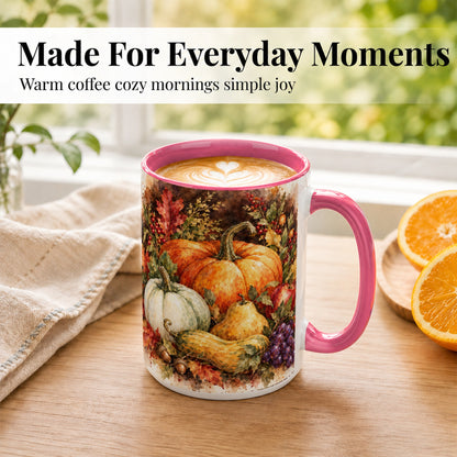 #pl[15oz|Pink] Watercolor Pumpkin Coffee Mug, Autumn Harvest Mug, Ceramic Cup