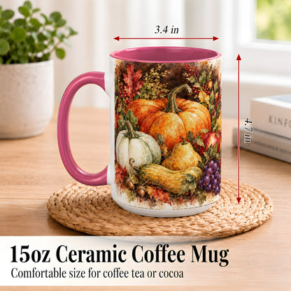 #pl[15oz|Pink] Watercolor Pumpkin Coffee Mug, Autumn Harvest Mug, Ceramic Cup