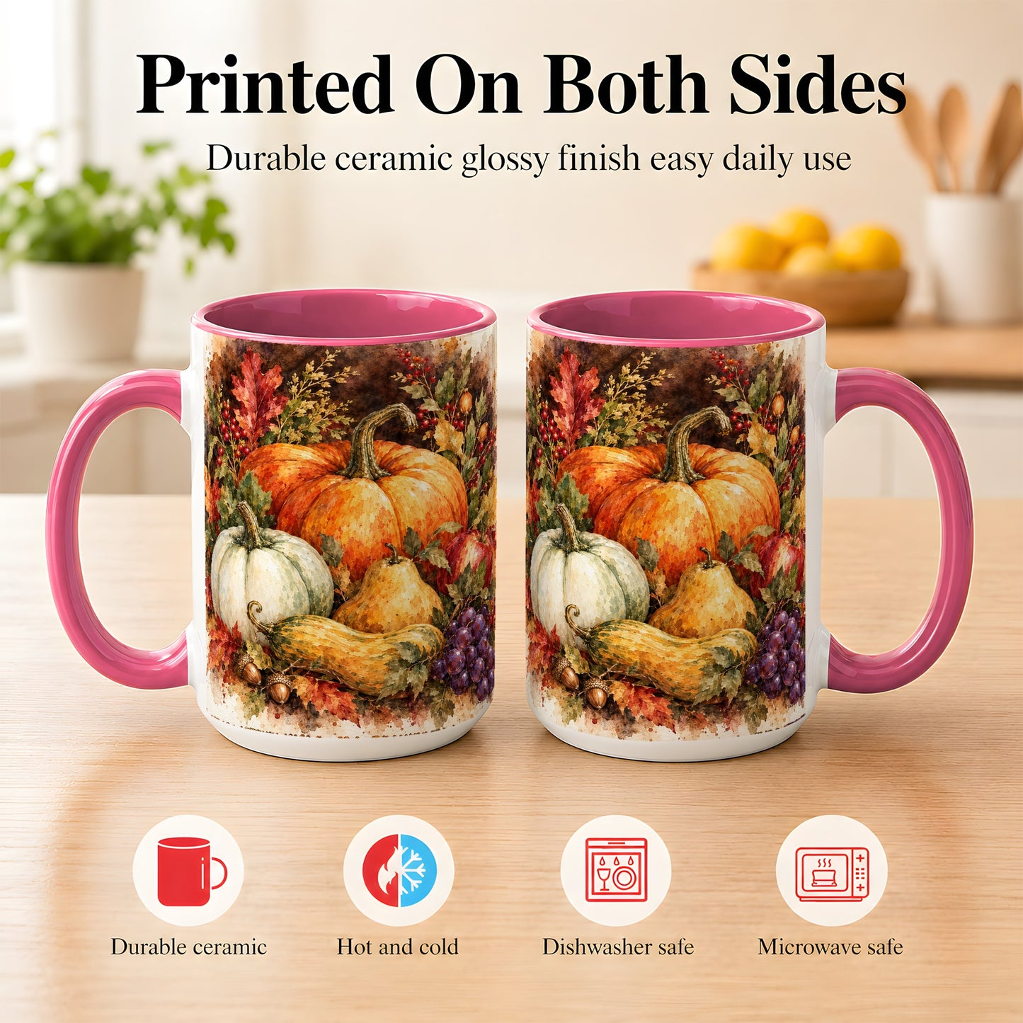 #pl[15oz|Pink] Watercolor Pumpkin Coffee Mug, Autumn Harvest Mug, Ceramic Cup