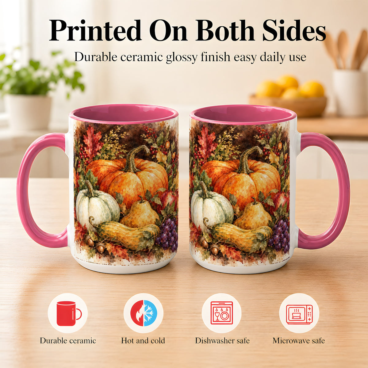 #pl[15oz|Pink] Watercolor Pumpkin Coffee Mug, Autumn Harvest Mug, Ceramic Cup