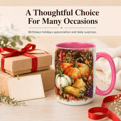 #pl[15oz|Pink] Watercolor Pumpkin Coffee Mug, Autumn Harvest Mug, Ceramic Cup