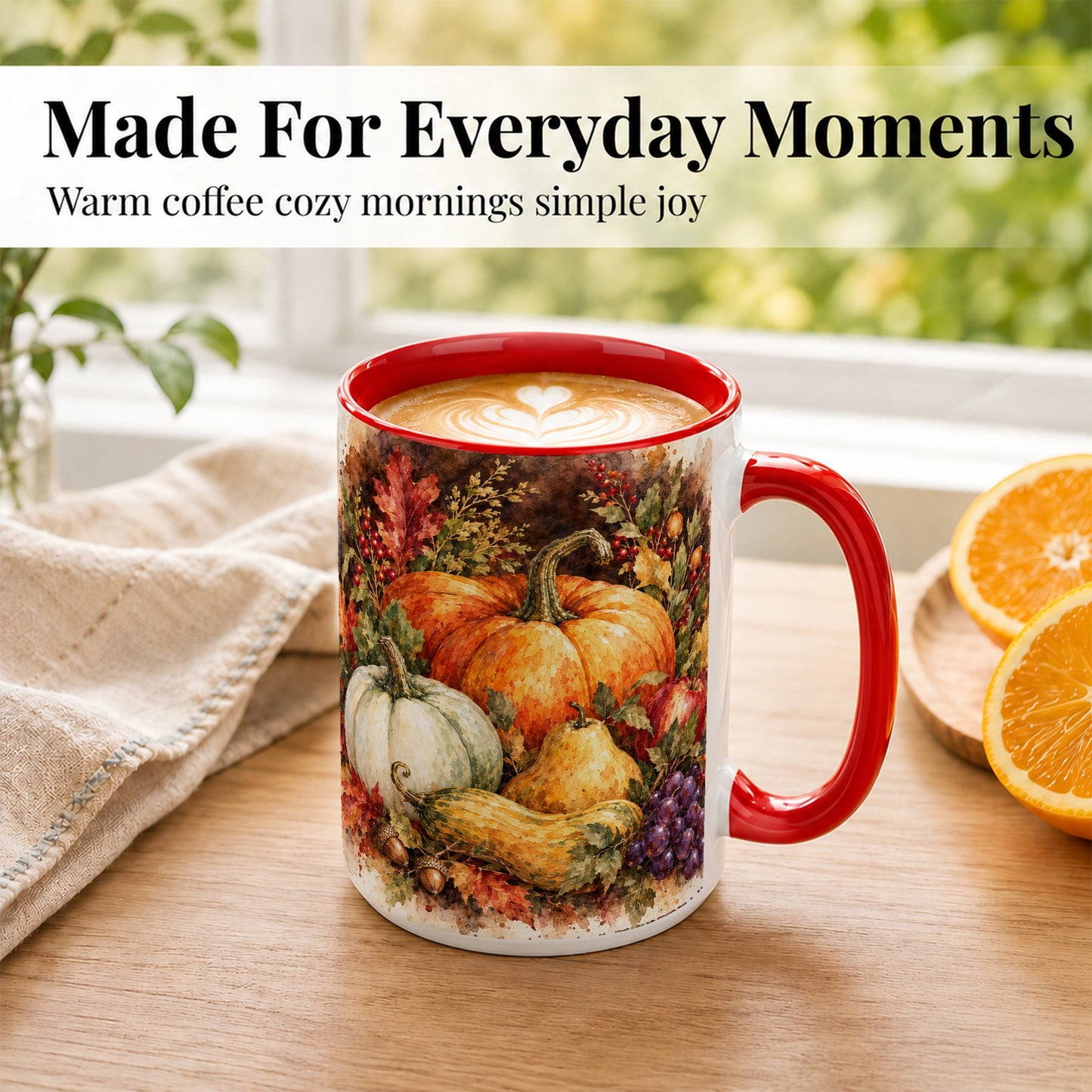 #pl[15oz|Red] Watercolor Pumpkin Coffee Mug, Autumn Harvest Mug, Ceramic Cup