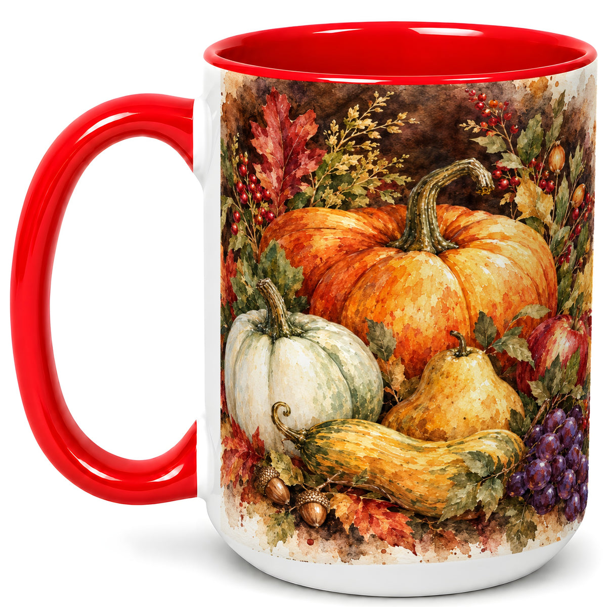 #pl[15oz|Red] Watercolor Pumpkin Coffee Mug, Autumn Harvest Mug, Ceramic Cup