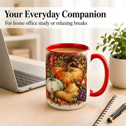 #pl[15oz|Red] Watercolor Pumpkin Coffee Mug, Autumn Harvest Mug, Ceramic Cup