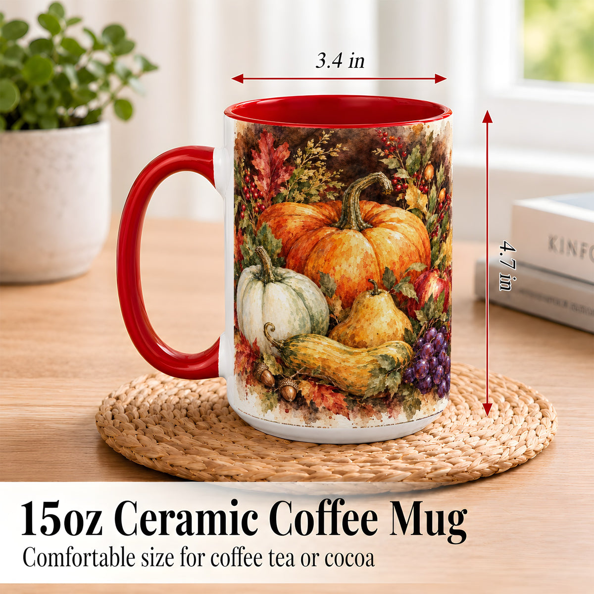 #pl[15oz|Red] Watercolor Pumpkin Coffee Mug, Autumn Harvest Mug, Ceramic Cup