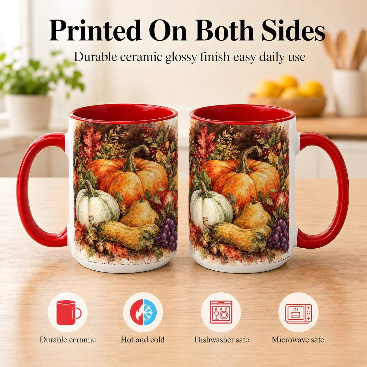 #pl[15oz|Red] Watercolor Pumpkin Coffee Mug, Autumn Harvest Mug, Ceramic Cup