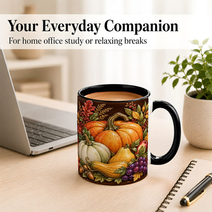 #pl[11oz|Black] Glossy Fall Harvest Coffee Mug, Pumpkin Foliage Mug, Ceramic Cup