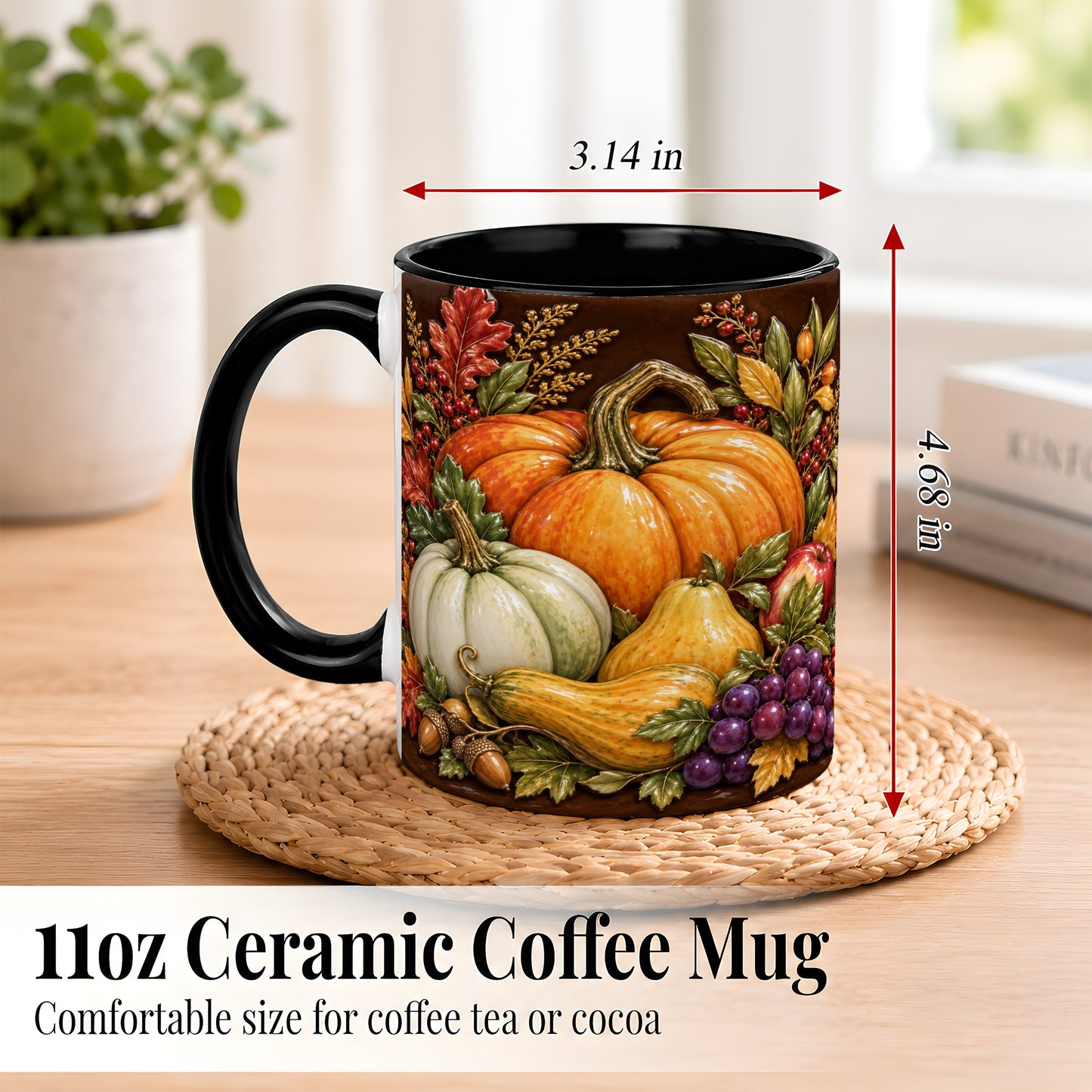 #pl[11oz|Black] Glossy Fall Harvest Coffee Mug, Pumpkin Foliage Mug, Ceramic Cup