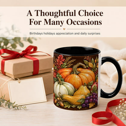 #pl[11oz|Black] Glossy Fall Harvest Coffee Mug, Pumpkin Foliage Mug, Ceramic Cup
