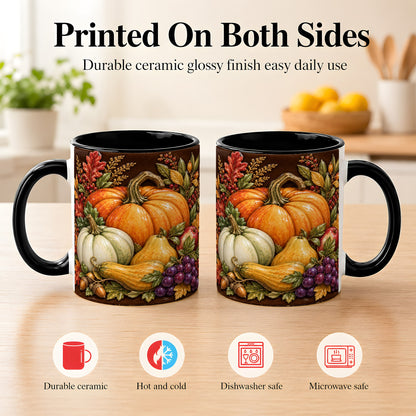 #pl[11oz|Black] Glossy Fall Harvest Coffee Mug, Pumpkin Foliage Mug, Ceramic Cup
