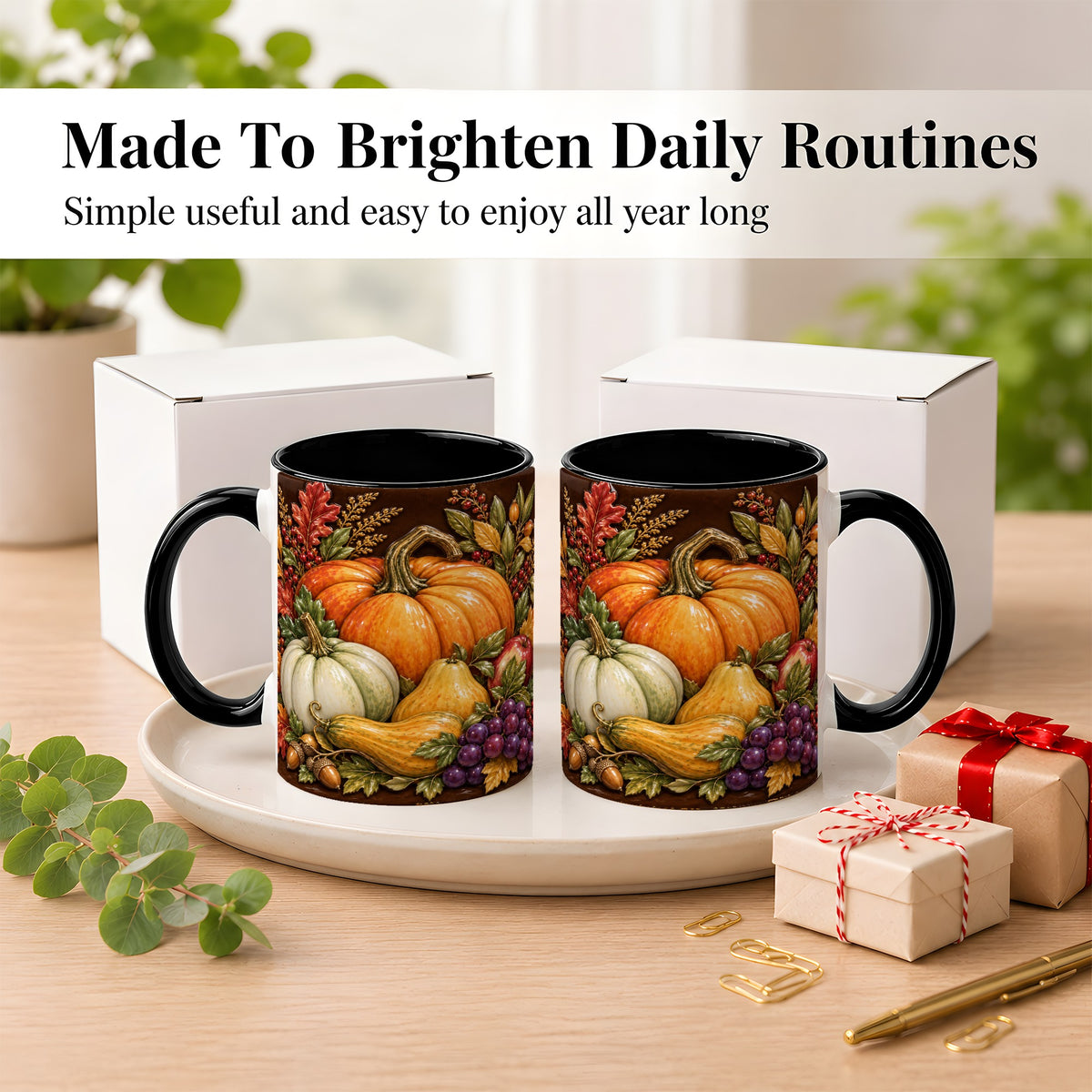 #pl[11oz|Black] Glossy Fall Harvest Coffee Mug, Pumpkin Foliage Mug, Ceramic Cup