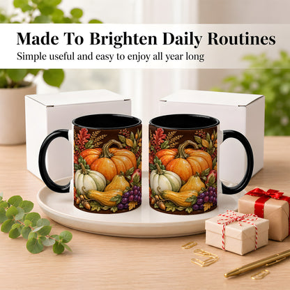 #pl[11oz|Black] Glossy Fall Harvest Coffee Mug, Pumpkin Foliage Mug, Ceramic Cup