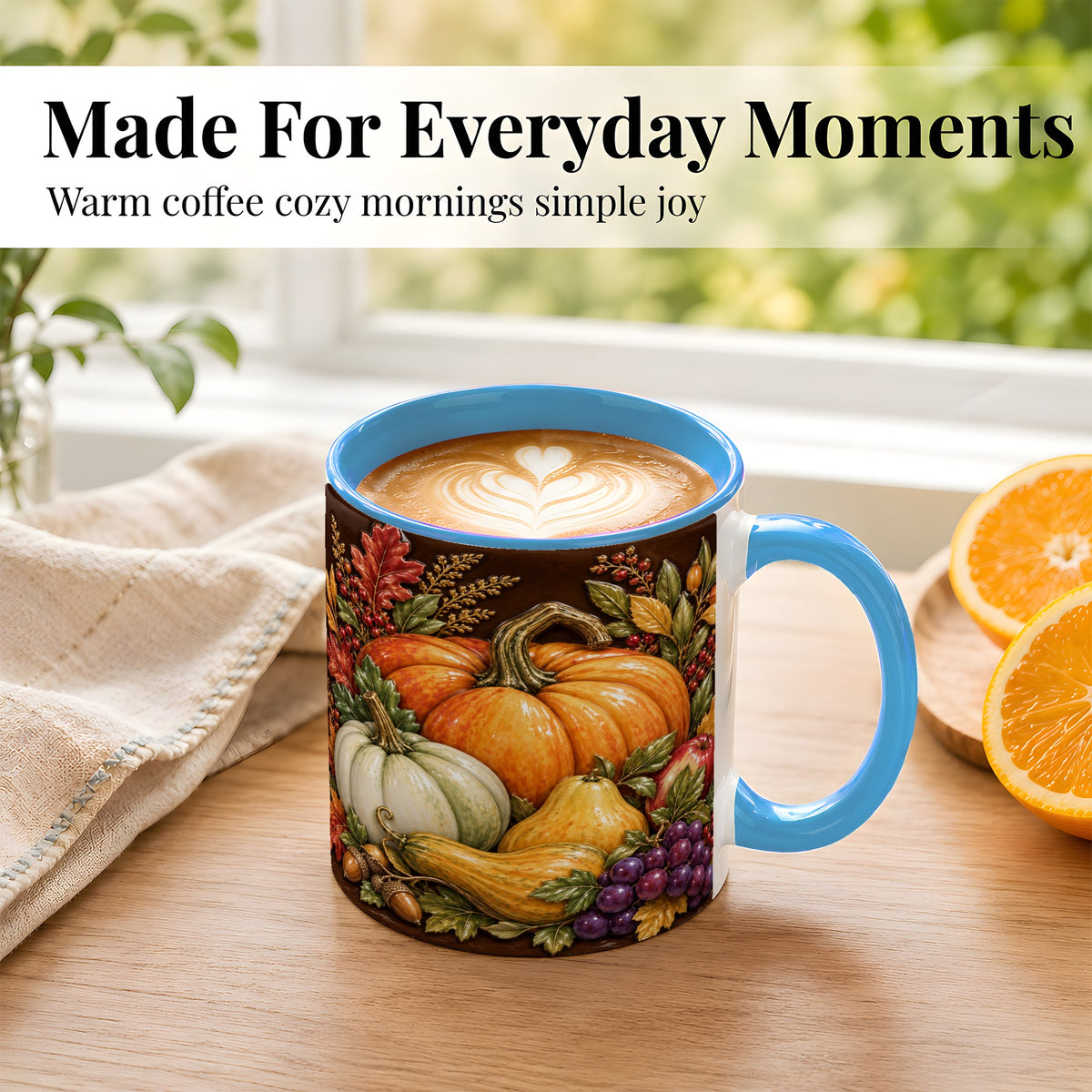 #pl[11oz|Blue] Glossy Fall Harvest Coffee Mug, Pumpkin Foliage Mug, Ceramic Cup