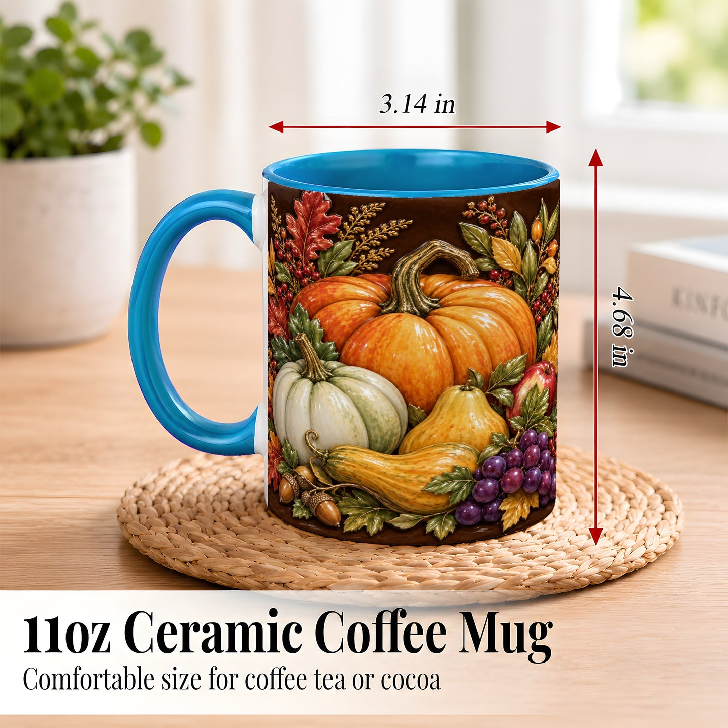 #pl[11oz|Blue] Glossy Fall Harvest Coffee Mug, Pumpkin Foliage Mug, Ceramic Cup
