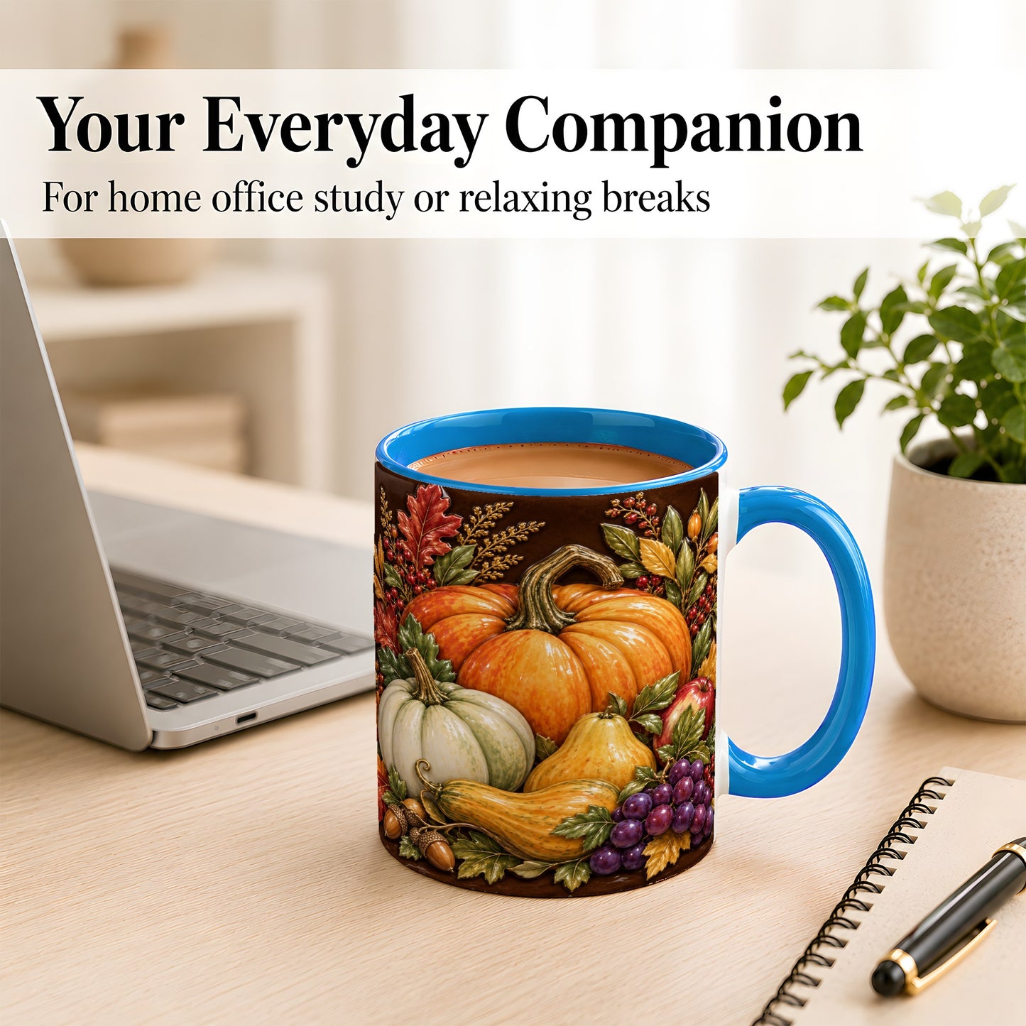 #pl[11oz|Blue] Glossy Fall Harvest Coffee Mug, Pumpkin Foliage Mug, Ceramic Cup