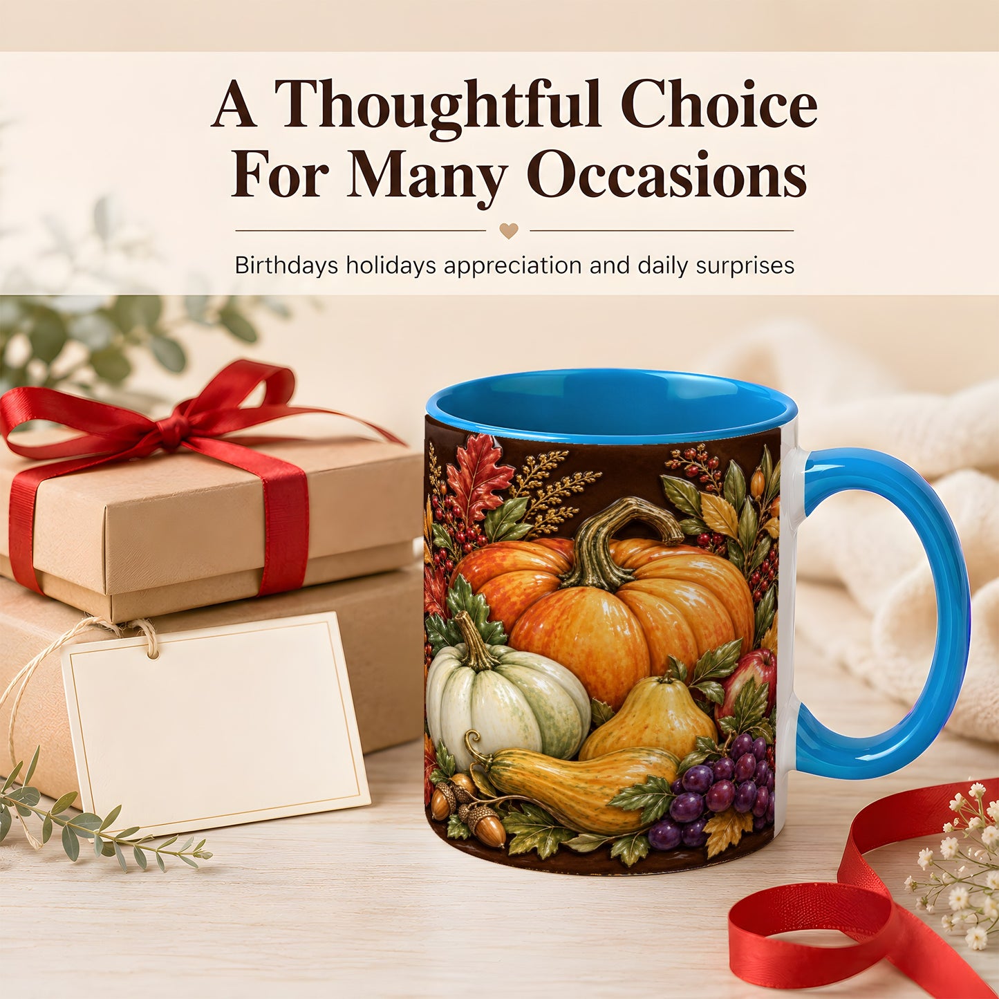 #pl[11oz|Blue] Glossy Fall Harvest Coffee Mug, Pumpkin Foliage Mug, Ceramic Cup
