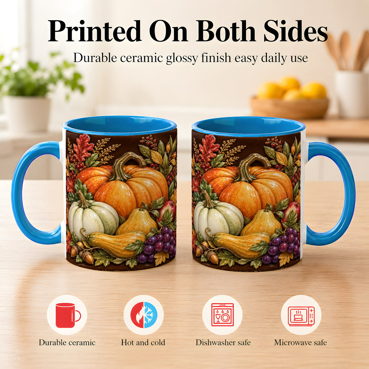#pl[11oz|Blue] Glossy Fall Harvest Coffee Mug, Pumpkin Foliage Mug, Ceramic Cup