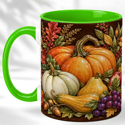 #pl[11oz|Green] Glossy Fall Harvest Coffee Mug, Pumpkin Foliage Mug, Ceramic Cup