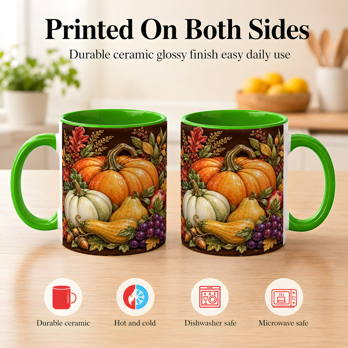#pl[11oz|Green] Glossy Fall Harvest Coffee Mug, Pumpkin Foliage Mug, Ceramic Cup