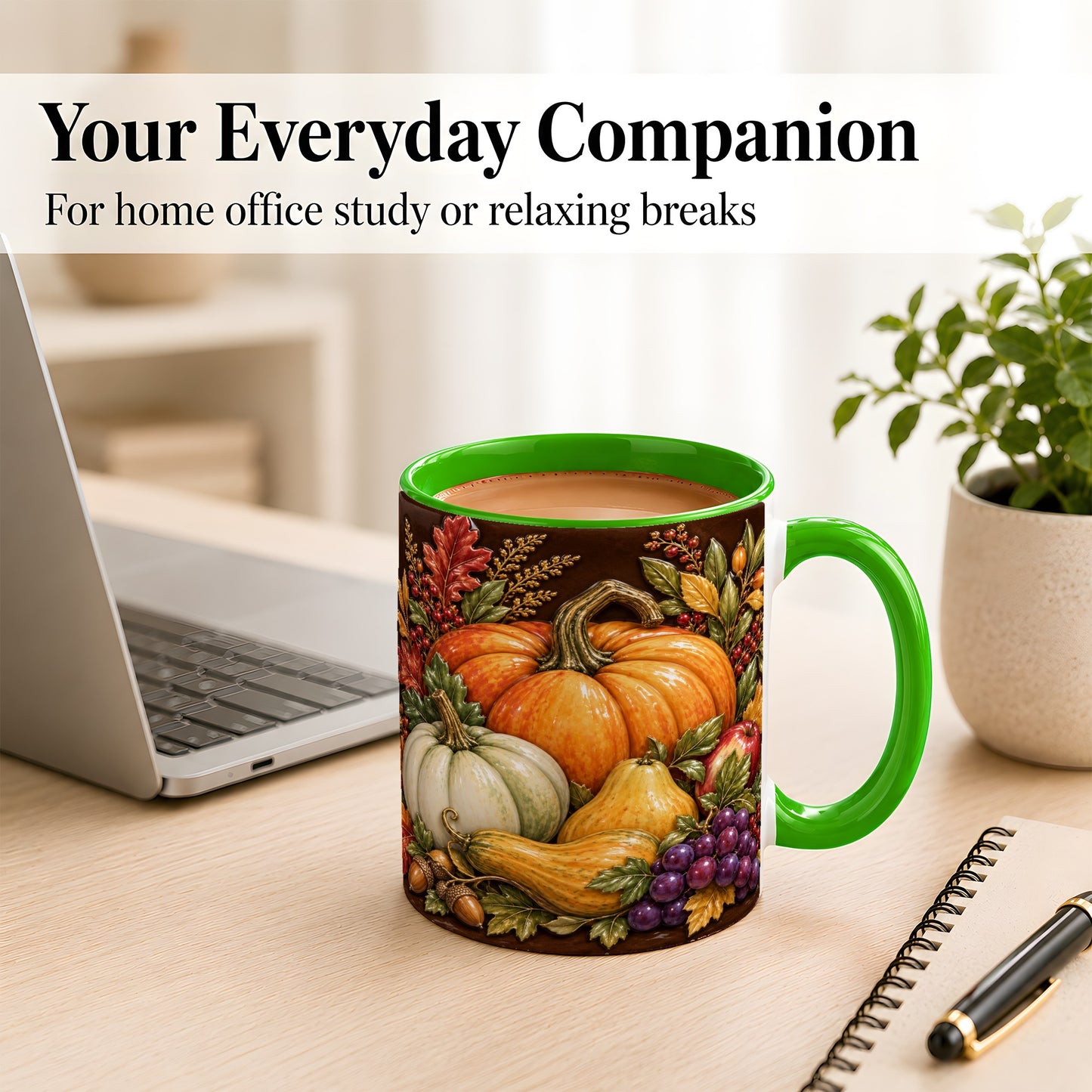 #pl[11oz|Green] Glossy Fall Harvest Coffee Mug, Pumpkin Foliage Mug, Ceramic Cup