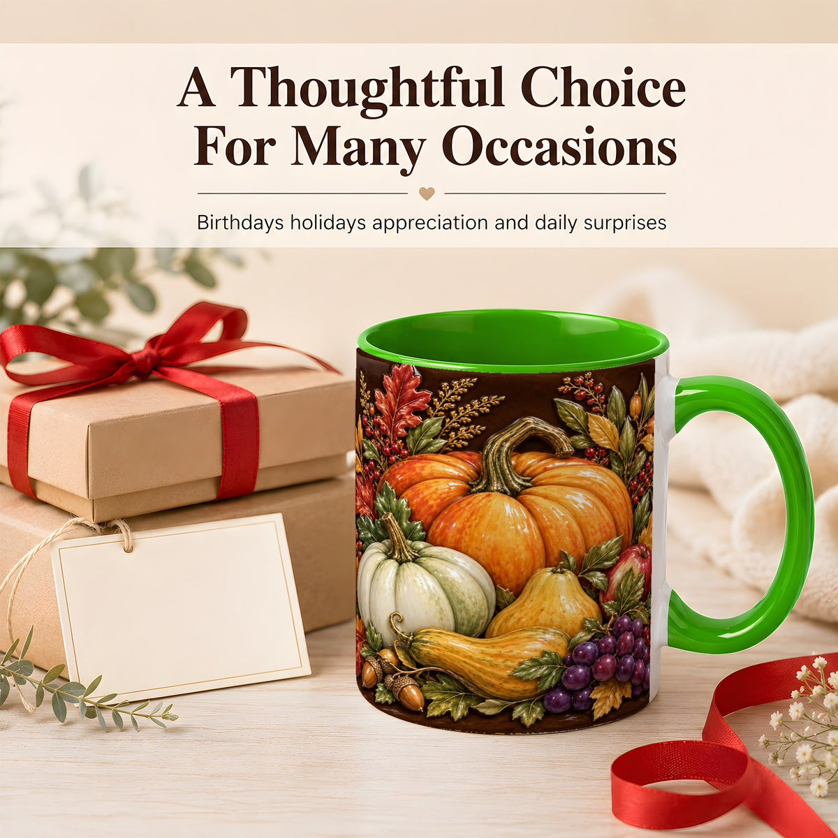 #pl[11oz|Green] Glossy Fall Harvest Coffee Mug, Pumpkin Foliage Mug, Ceramic Cup