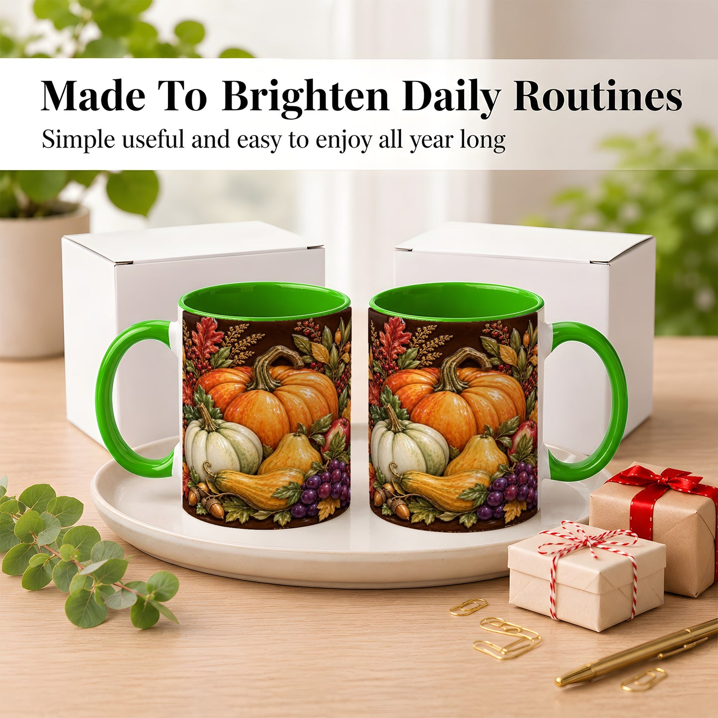 #pl[11oz|Green] Glossy Fall Harvest Coffee Mug, Pumpkin Foliage Mug, Ceramic Cup